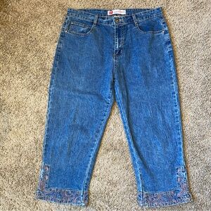 COS Jeans Women 12 Blue Embroidered Cropped Capri High Rise Denim Flap Pocket